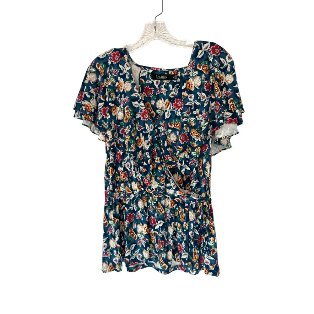 Ralph Lauren Black Label Stretch V-Neck Faux Wrap‎ Blue Ruffle Blouse Medium